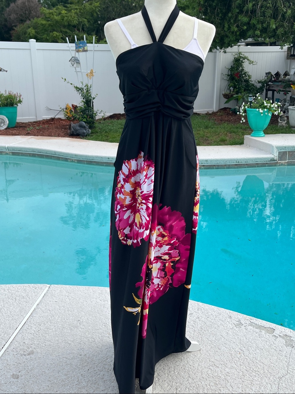 JFW Vintage black maxi dress bold floral print w/ pink & yellow flowers SZ: L